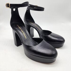 Stuart Weitzman Dayna Platform Pump Women's 7B Black Leather Ankle Strap Heels